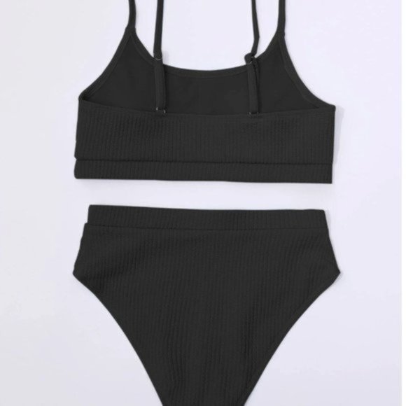 Black Ribbed High Waist Bikini Bathing Suit - Picture 7 of 8